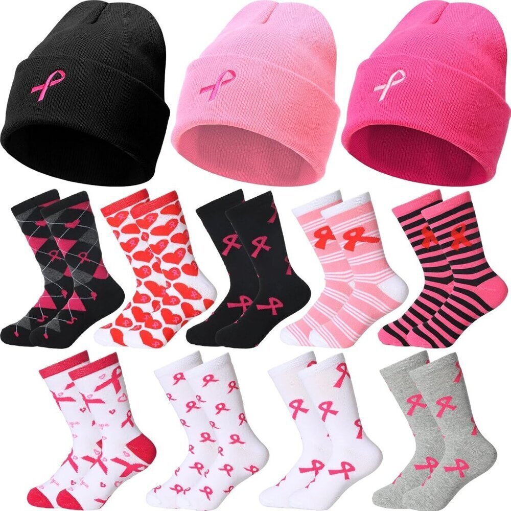 Breast Cancer Awareness Beanie Socks Set Pink Ribbon Gift for Women